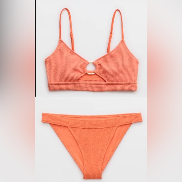 aerie Other - NWT Aerie FULL SET Crinkle Scoop Cutout Top + Banded Cheeky Bottom Peach Picante